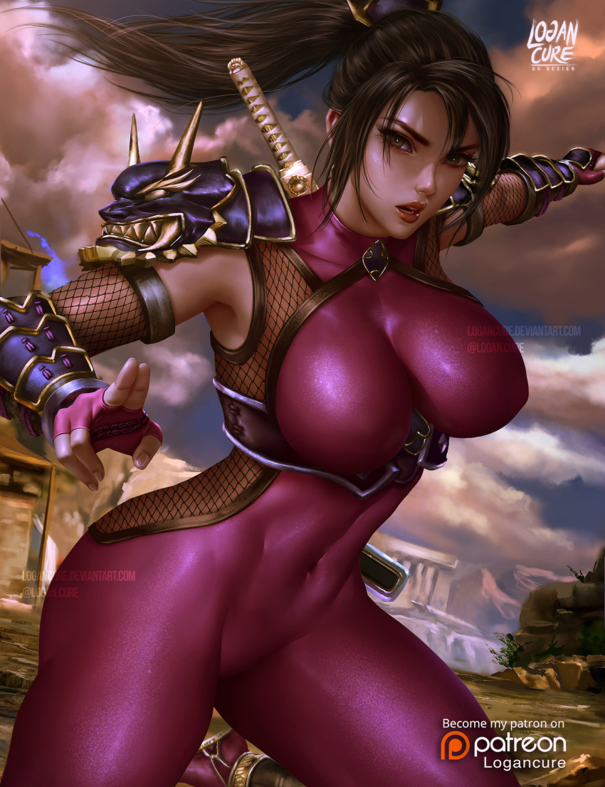 1girl, armor, bangs, bodysuit, breasts, brown_eyes, brown_hair, clouds