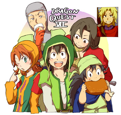 aira_(dq7), blonde_hair, blue_eyes, breasts, brown_hair, cleavage, commentary_request, curly_hair