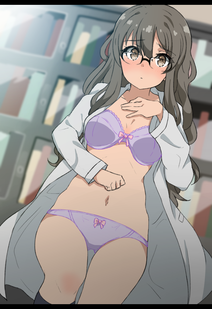 1girl, ass_visible_through_thighs, black_legwear, blush, brown_eyes, brown_hair, cowboy_shot, from_below