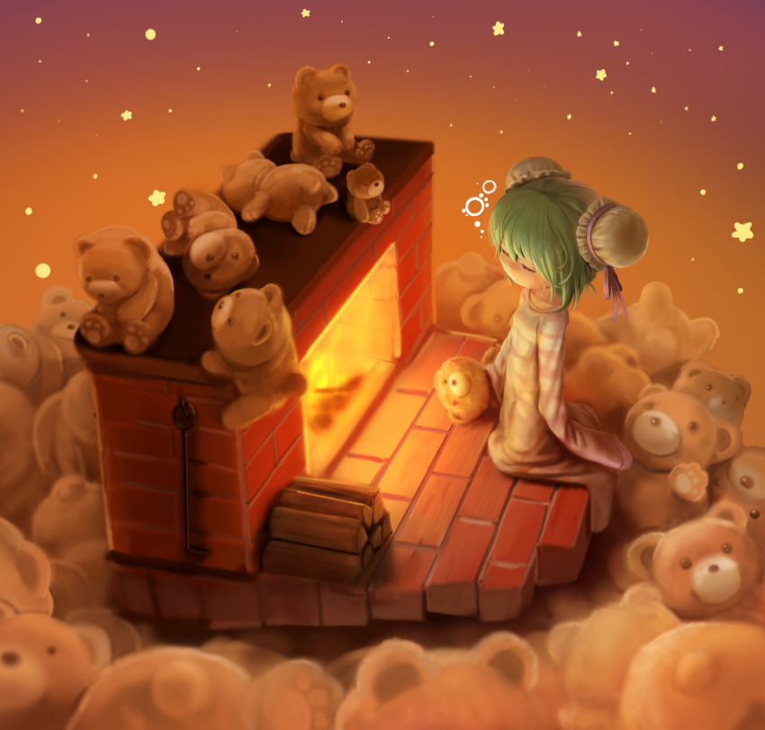 1girl, brick, brown_eyes, double_bun, fire, fire_poker, fireplace, from_above
