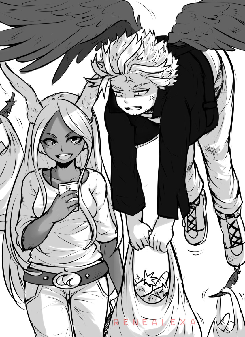 1boy, 1girl, :d, absurdres, anger_vein, animal_ears, artist_name, bag, belt, bird_wings, boku_no_hero_academia, breasts, carrot, casual, collarbone, commentary, dark_skin, english_commentary, facial_hair, feathers, grocery_bag, hawks_(boku_no_hero_academia), highres, ink_(medium), mirko, monochrome, open_mouth, rabbit_ears, rene_alexa, shopping_bag, smile, stubble, traditional_media, wings