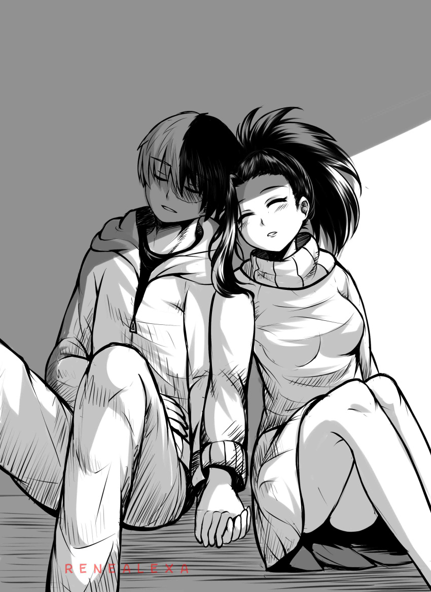 1boy, 1girl, absurdres, artist_name, blush, boku_no_hero_academia, burn_scar, closed_eyes, commentary, english_commentary, hand_holding, highres, hood, hood_down, hoodie, ink_(medium), monochrome, multicolored_hair, ponytail, rene_alexa, scar, scarf, sitting, skirt, sleeping, todoroki_shouto, traditional_media, two-tone_hair, yaoyorozu_momo