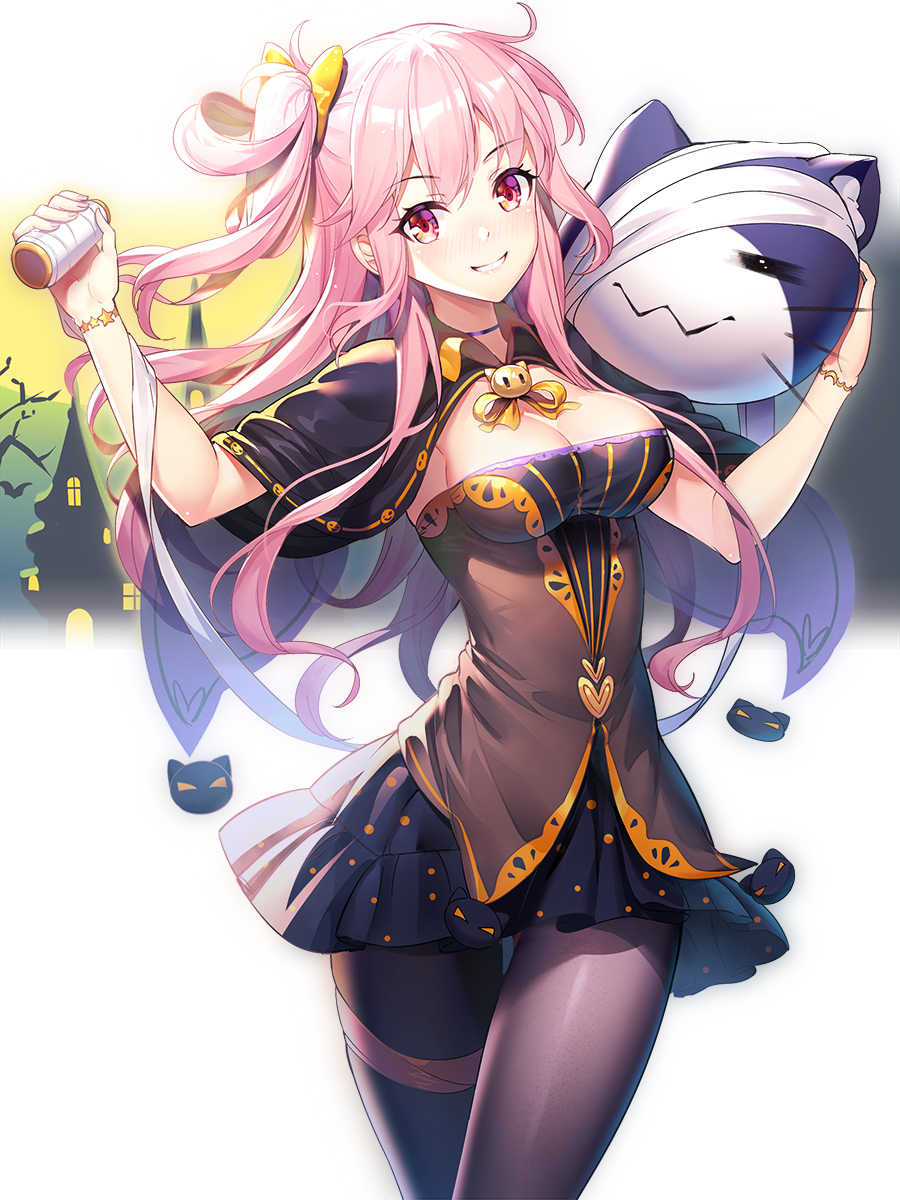 1girl, arm_up, bandage, bangs, black_cape, black_legwear, black_skirt, blush