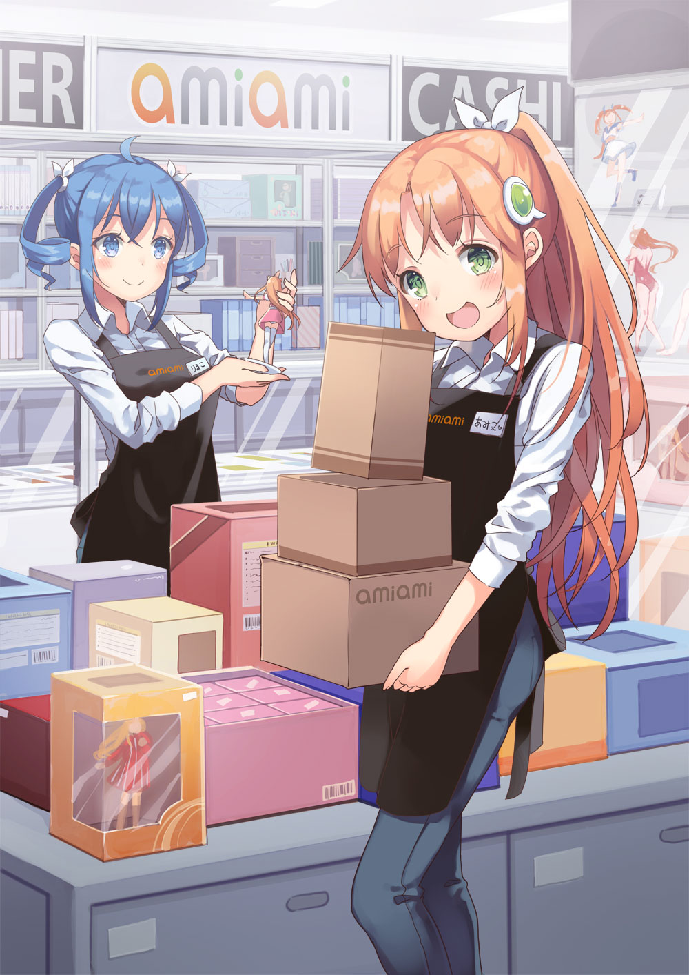 2girls, :d, ahoge, alternate_hairstyle, amiami_(company), amico, apron, bangs