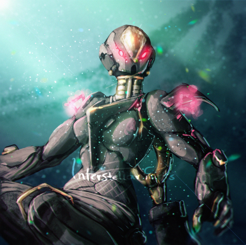 1girl, armor, bodysuit, breasts, glowing, glowing_eyes, helmet, highres, interstellarfarts, nova_(warframe), sign, signature, small_breasts, solo, space, tagme, warframe, watermark