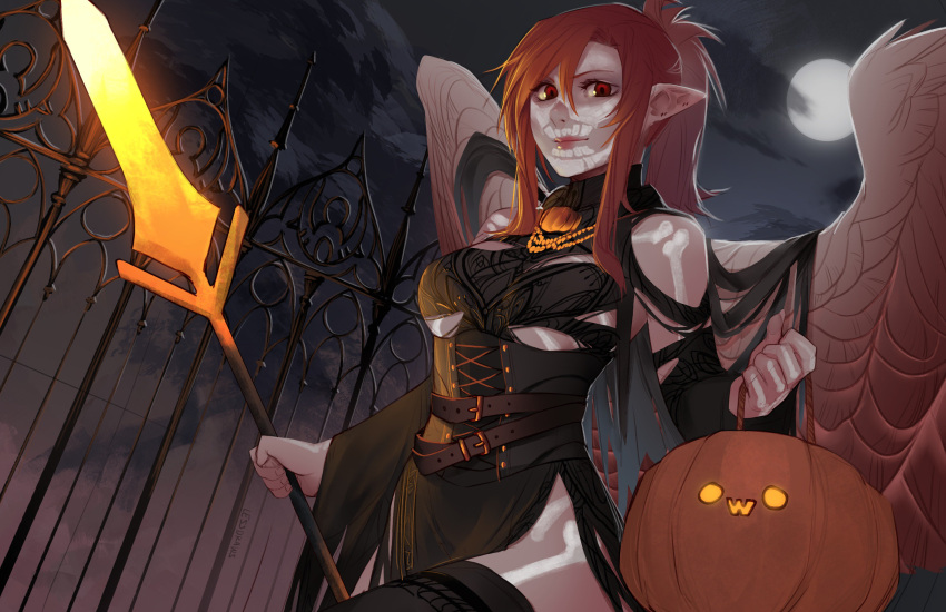 1girl, absurdres, angel_wings, artist_name, belt, black_dress, black_legwear, bodypaint, breasts, clouds, commentary, dress, english_commentary, fence, full_moon, hair_between_eyes, halloween, halloween_basket, halloween_costume, haohi_(less), highres, jewelry, less, long_hair, looking_at_viewer, medium_breasts, moon, necklace, night, original, outdoors, pointy_ears, polearm, ponytail, red_eyes, redhead, sidelocks, solo, spear, thigh-highs, weapon, wings
