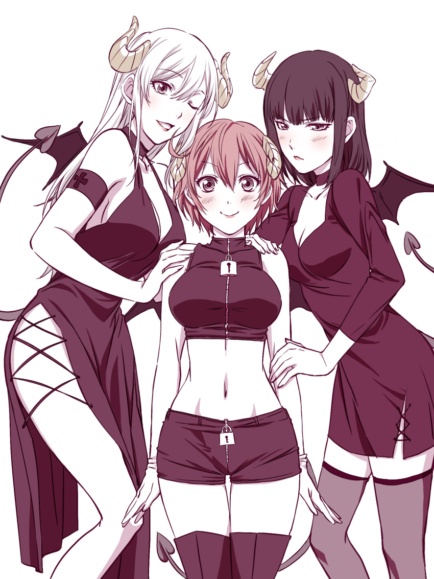 3girls, ;d, aa-5100, ae-3803, alternate_hair_color, arm_strap, bangs, black_dress