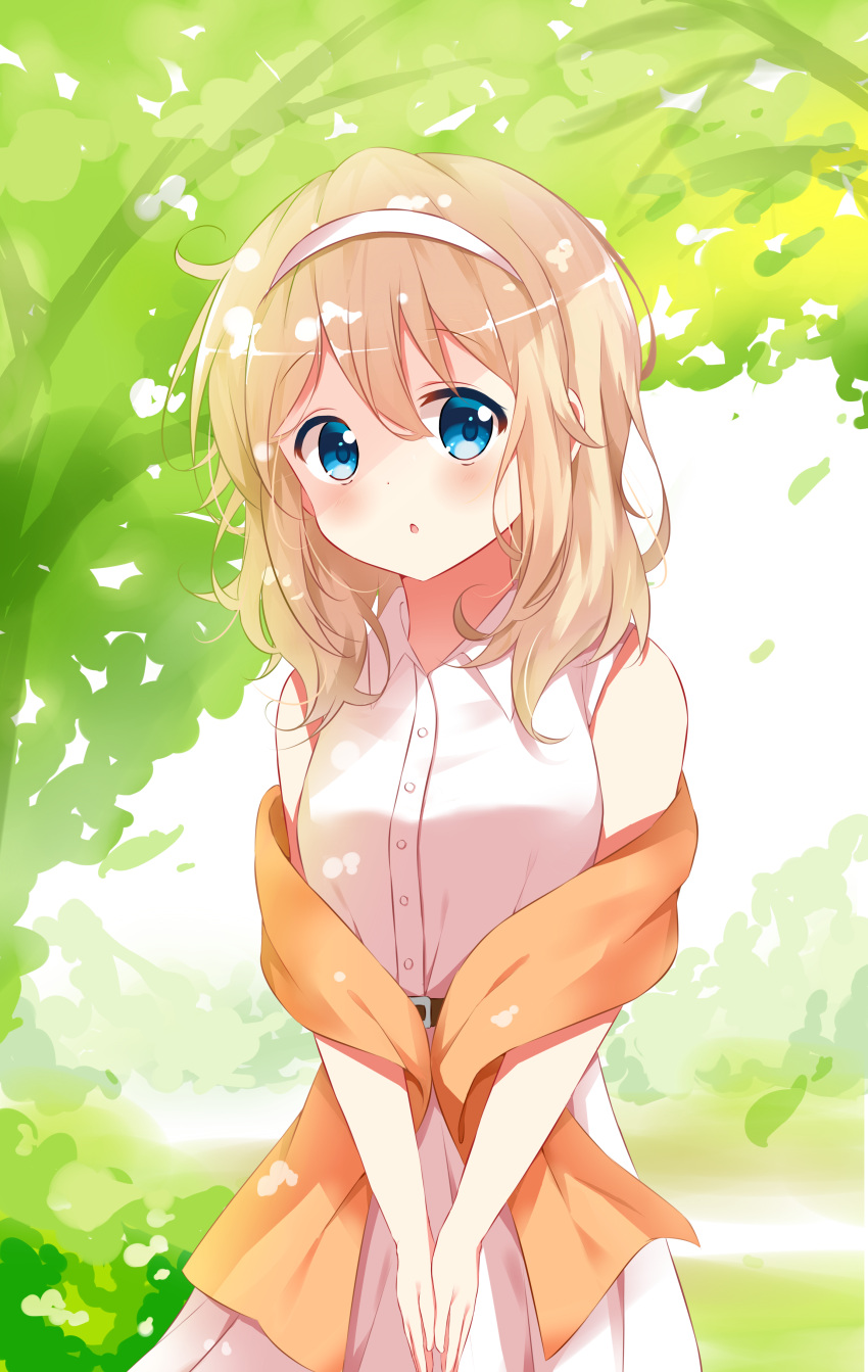 1girl, absurdres, aoyama_blue_mountain, belt, blonde_hair, blue_eyes, blush, day, deyui, dress_shirt, gochuumon_wa_usagi_desu_ka?, hairband, highres, long_hair, looking_at_viewer, open_mouth, outdoors, sash, shirt, skirt, sleeveless, sleeveless_shirt, solo, standing, white_hairband, white_shirt, white_skirt
