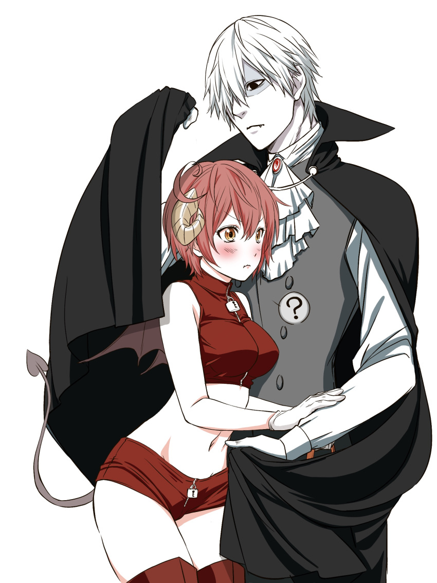 1boy, 1girl, ae-3803, ascot, black_cape, black_eyes, blush, boots, breasts, cape, cowboy_shot, demon_tail, fangs, gloves, groin, hair_between_eyes, hair_over_one_eye, halloween_costume, hataraku_saibou, highres, horns, limited_palette, long_sleeves, medium_breasts, midriff, navel, nayomi, orange_eyes, red_footwear, red_shorts, red_tank_top, redhead, shirt, short_hair, short_shorts, shorts, silver_hair, simple_background, sleeves, standing, stomach, tail, thigh-highs, thigh_boots, u-1146, vampire_costume, white_background, white_gloves, white_neckwear, white_shirt, zettai_ryouiki