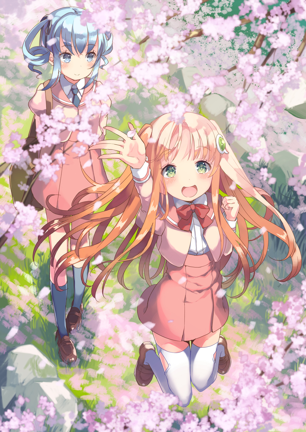 2girls, :d, amiami_(company), amico, arm_up, bag, bangs, black_legwear