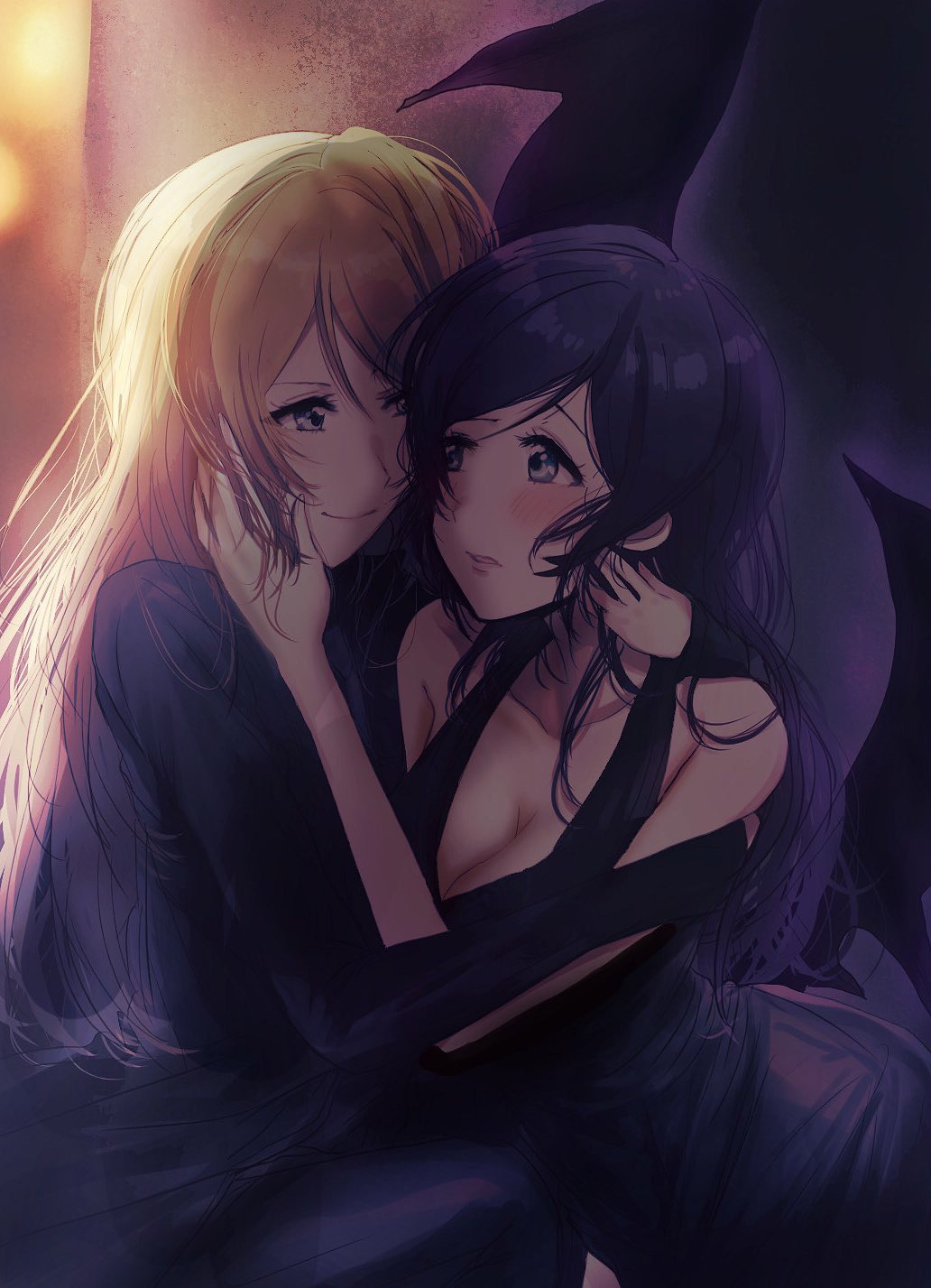 2girls, ayase_eli, black_dress, black_hair, black_wings, blonde_hair, blue_eyes, blush