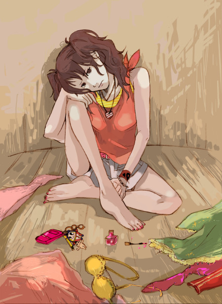 barefoot, bra, cellphone, feet, kazuki_(kazu-king), kazuki_(pixiv300776), kujikawa_rise, lingerie