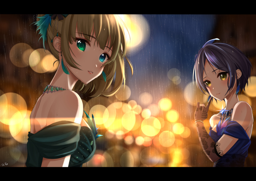 2girls, bangs, blue_dress, blue_eyes, blue_feathers, blue_hair, blurry, blurry_background