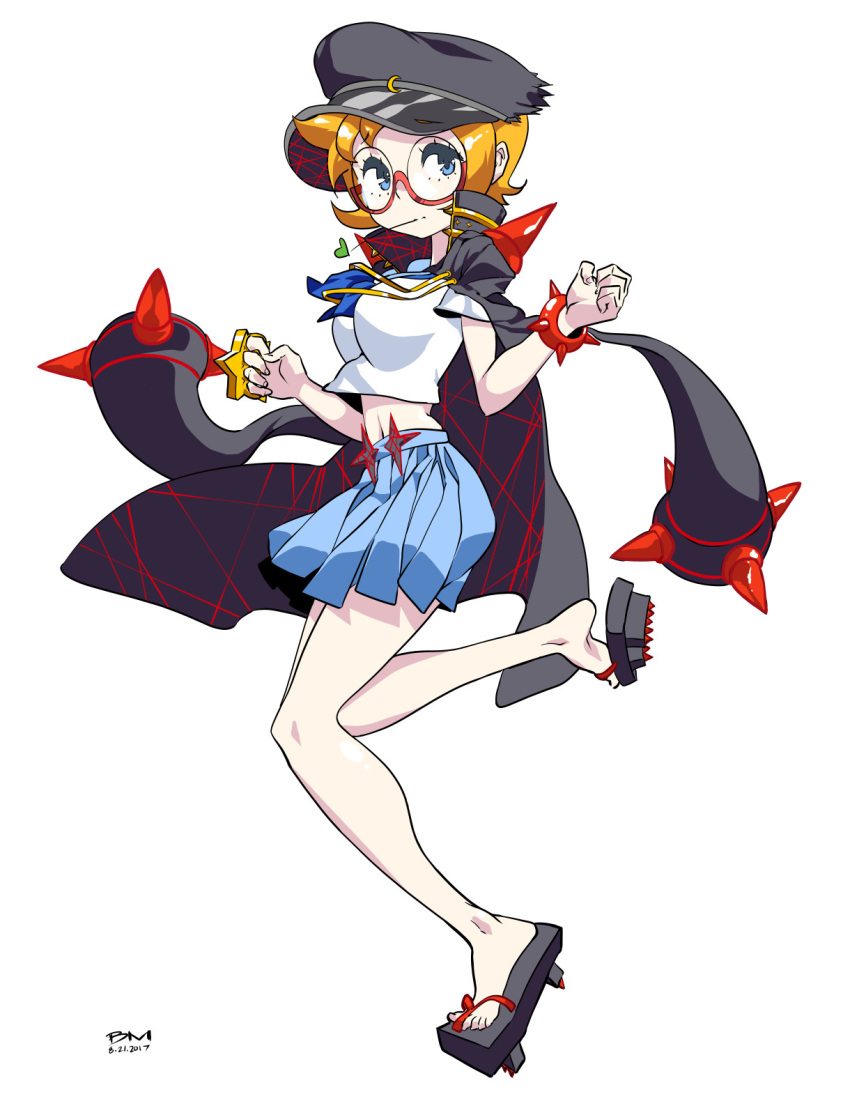 1girl, alternate_costume, bearthemighty, black_hat, blue_eyes, blue_skirt, bracelet, brass_knuckles, breasts, clenched_hand, dated, freckles, full_body, glasses, hat, highres, initials, jacket_on_shoulders, jewelry, kill_la_kill, little_witch_academia, lotte_jansson, mankanshoku_mako, medium_breasts, mouth_hold, orange_hair, short_hair, skirt, spiked_bracelet, spikes, standing, weapon, white_background