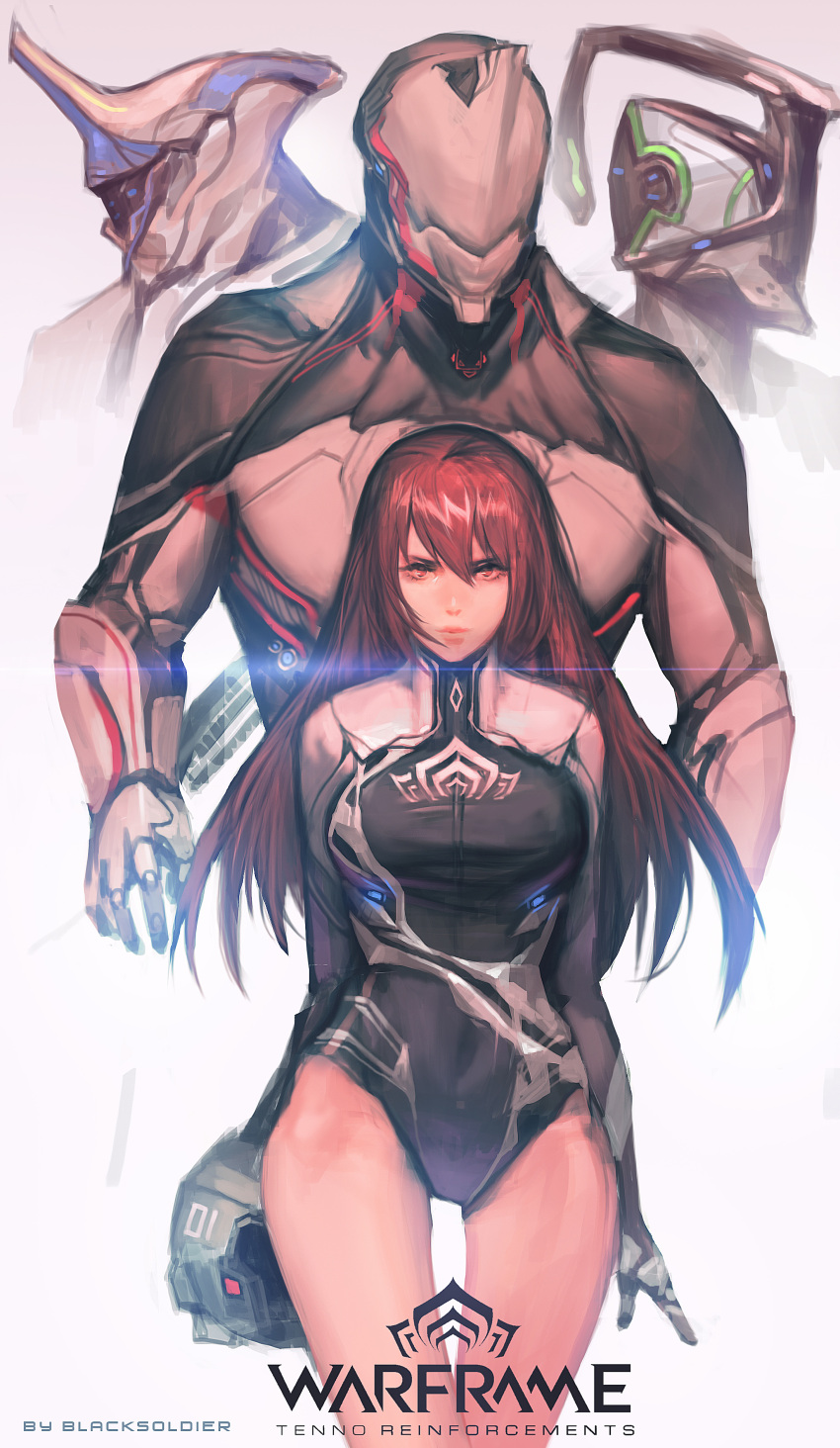 2boys, 2girls, absurdres, behind_another, black_soldier, bodysuit, breasts, closed_mouth, excalibur_(warframe), frost_(warframe), headwear_removed, helmet, helmet_removed, highres, large_breasts, logo, long_hair, looking_at_viewer, multiple_boys, multiple_girls, nyx_(warframe), operator_(warframe), red_eyes, redhead, standing, tagme, warframe