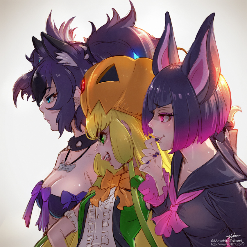 3girls, :d, animal_ears, ascot, bangs, bat_ears, bat_girl, black_hair