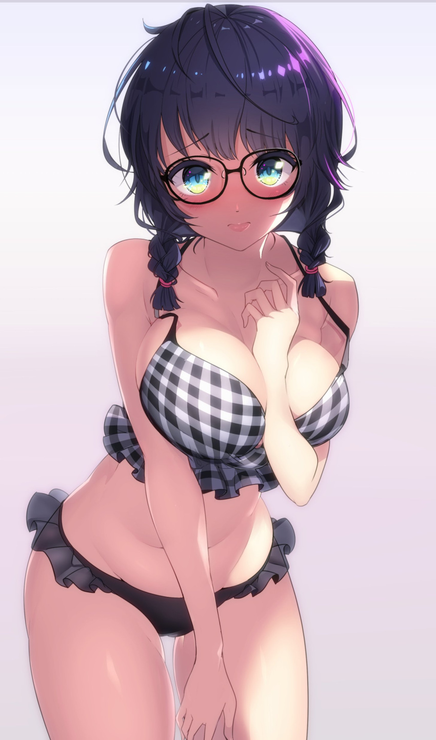 1girl, absurdres, bikini, black_bikini_bottom, black_hair, blush_stickers, braid, breasts, cleavage, cowboy_shot, green_eyes, grey_background, highres, large_breasts, leaning_forward, looking_at_viewer, mismatched_bikini, nasubi_(w.c.s), original, plaid_bikini_top, sidelocks, simple_background, solo, swimsuit, thigh_gap, twin_braids