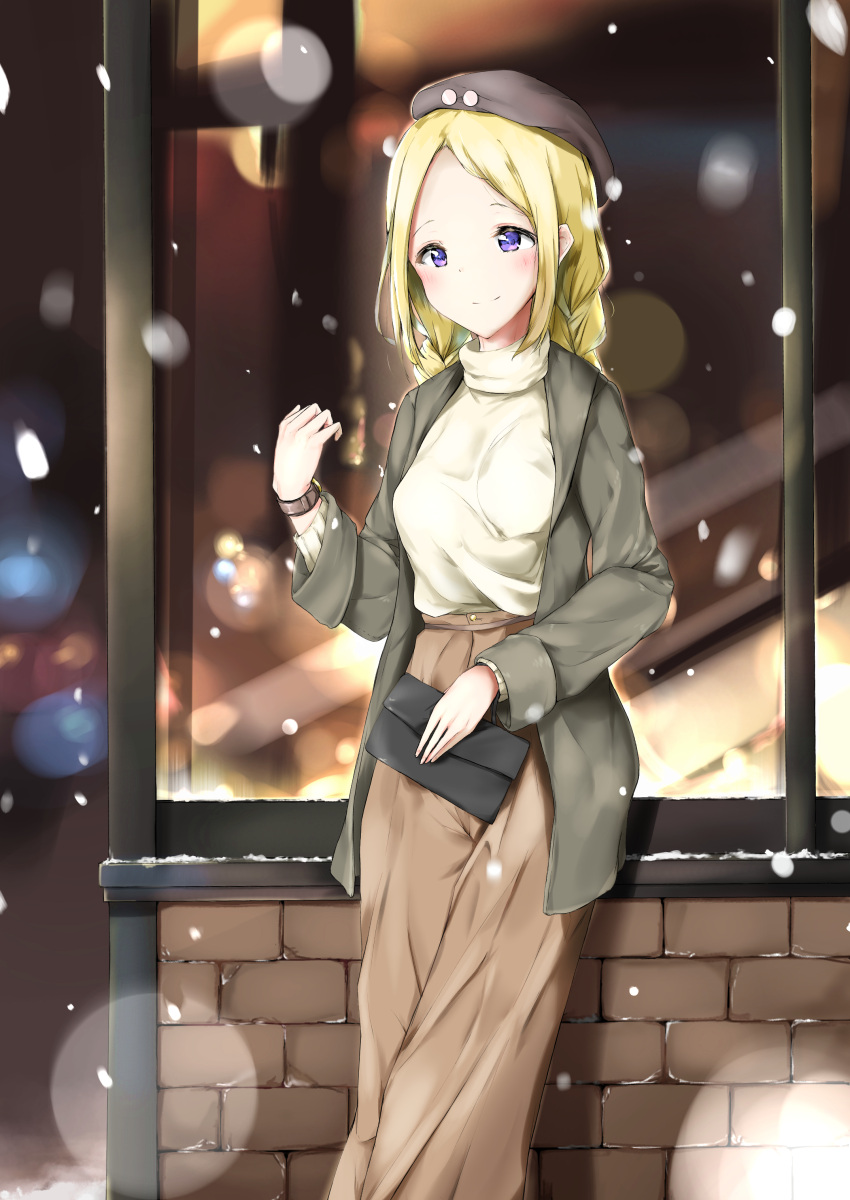 1girl, absurdres, bag, black_hat, blonde_hair, blue_eyes, blush, brown_skirt