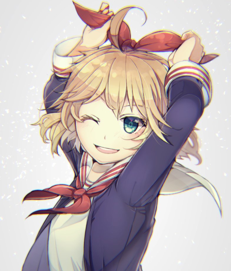 1girl, annette_(king's_raid), arms_up, blonde_hair, blue_eyes, blush, ginkou_ff14, king's_raid, one_eye_closed, open_mouth, ribbon, school_uniform, short_hair, simple_background, smile, solo