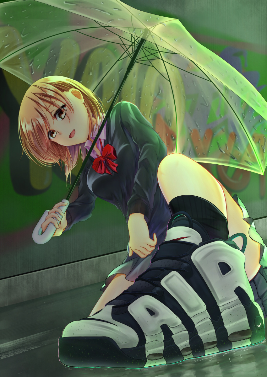 1girl, :d, absurdres, bow, brown_eyes, brown_hair, foreshortening, grey_skirt