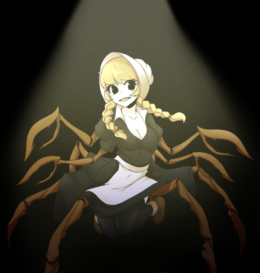 1girl, absurdres, apron, black_eyes, blonde_hair, breasts, cliffside, collarbone