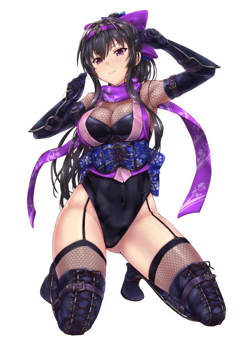 1girl, arm_guards, armor, black_hair, black_leotard, boots, bow, breasts