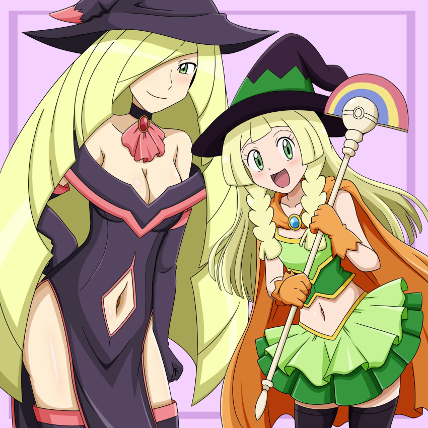 2girls, blonde_hair, breasts, cleavage, cosplay, creatures_(company), female, game_freak