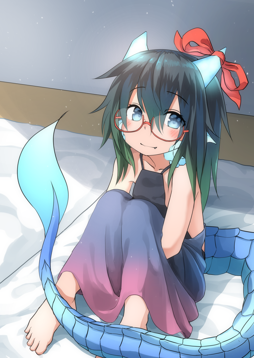 1girl, bangs, bare_shoulders, barefoot, black_camisole, blue_eyes, blush, camisole