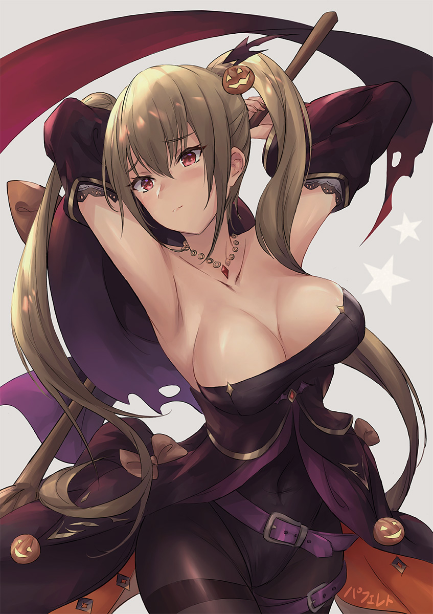 1girl, alternate_costume, armpits, arms_behind_head, arms_up, azur_lane, bangs, bat_hair_ornament, belt, black_legwear, blonde_hair, blush, breasts, broom, buckle, cape, cleavage, commentary_request, cowboy_shot, detached_sleeves, dress, embarrassed, eyebrows_visible_through_hair, food_themed_hair_ornament, hair_ornament, halloween, halloween_costume, hat, hat_removed, headwear_removed, highres, holding, holding_broom, holding_hat, jack-o'-lantern, jewelry, large_breasts, leotard, long_hair, looking_at_viewer, necklace, nelson, nelson_(azur_lane), pantyhose, parfaitlate, potion, pumpkin_hair_ornament, purple_leotard, red_eyes, ruby_(stone), sidelocks, signature, simple_background, solo, thigh_strap, thighband_pantyhose, twintails, very_long_hair, white_background, wide_sleeves, witch_hat