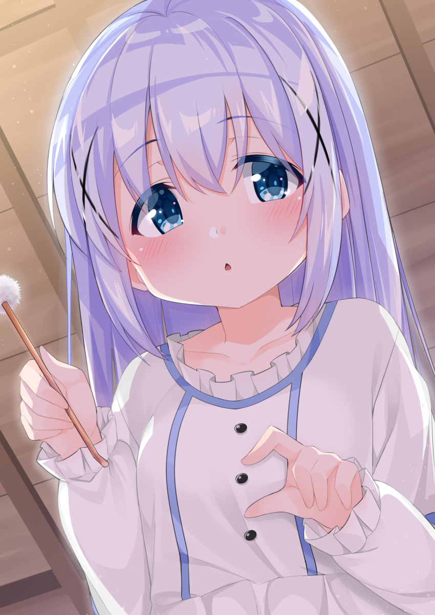 1girl, bangs, blue_eyes, blue_hair, blush, cacao_(chocolat), chestnut_mouth, collarbone