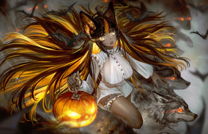 1girl, animal, animal_ear_fluff, animal_ears, bangs, bat, big_hair, blonde_hair, breasts, brown_hair, commentary_request, dark_skin, dress, eyebrows_visible_through_hair, fingernails, glowing, halloween, holding, jack-o'-lantern, large_breasts, leg_garter, long_hair, long_sleeves, looking_at_viewer, multicolored_hair, open_mouth, original, otaota, red_eyes, solo, two-tone_hair, very_long_hair, white_dress, wolf, wolf_ears, yellow_eyes