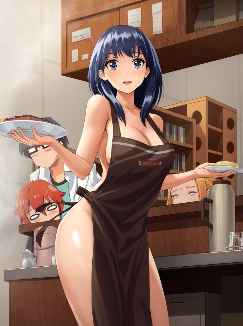 1girl, 3boys, apron, bad_id, black-framed_eyewear, black_apron, black_hair, blue_eyes, blue_hair, blush, borr, breasts, cleavage, collarbone, commentary_request, counter, cup, drinking_glass, eyebrows_visible_through_hair, glasses, gridman_(character), hair_between_eyes, hibiki_yuuta, highres, holding, holding_plate, indoors, large_breasts, looking_at_viewer, multiple_boys, naked_apron, obaoba_(monkeyix), open_mouth, plate, redhead, shelf, ssss.gridman, takarada_rikka, upper_teeth, utsumi_shou
