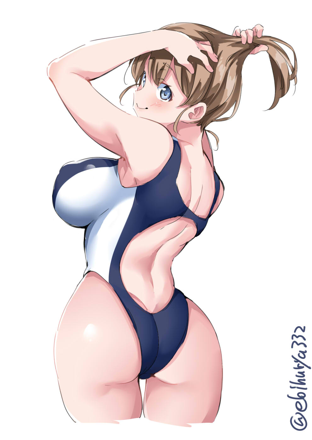 1girl, adjusting_hair, alternate_costume, ass, bare_shoulders, blue_eyes, blush, breasts