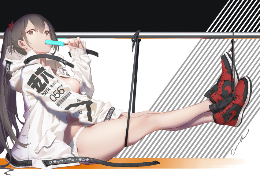 1girl, bangs, bare_legs, between_legs, black_hair, breasts, brown_eyes, cancer_(zjcconan), clothes_writing, commentary_request, eating, food, from_side, hair_between_eyes, hand_between_legs, hand_up, highres, holding, jacket, legs, long_hair, looking_at_viewer, medium_breasts, nike, no_bra, open_clothes, open_jacket, original, panties, ponytail, popsicle, railing, shoes, sitting, sneakers, solo, thighs, type_56_assault_rifle_(girls_frontline), underwear, velcro, white_jacket, white_panties