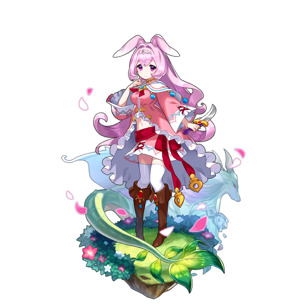 1girl, animal_ears, artist_request, boots, dagger, dragalia_lost, long_hair, melsa, midriff, non-web_source, official_art, pink_hair, rabbit_ears, roots, skirt, thigh-highs, violet_eyes, weapon