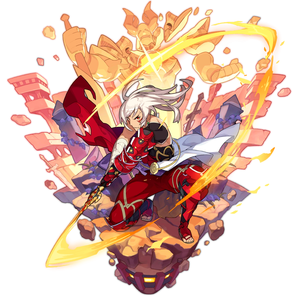 1boy, artist_request, bandage, bandaged_arm, bandages, dragalia_lost, facial_tattoo, holding, holding_weapon, knight, leg_armor, long_hair, mikoto_(dragalia_lost), non-web_source, official_art, red_eyes, rock, shirtless, swing, swinging, tattoo, transparent_background, weapon, white_hair