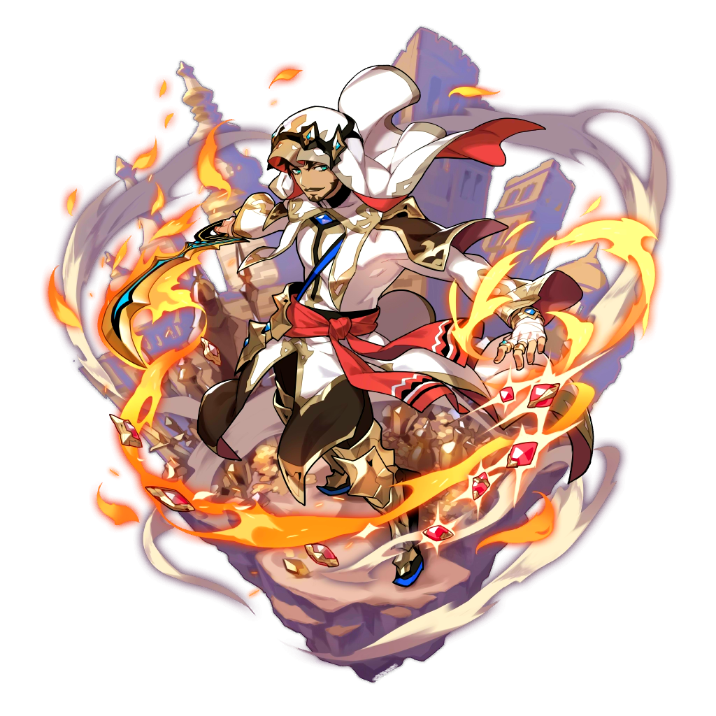 1boy, arabian_clothes, artist_request, bandage, beard, blue_eyes, brown_hair, dragalia_lost, facial_hair, fire, gem, leg_armor, looking_at_viewer, naveed, non-web_source, official_art, rock, scimitar, standing, sword, weapon