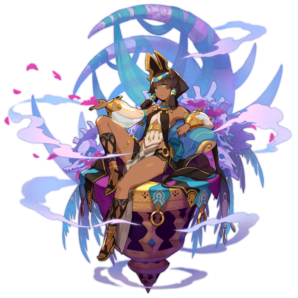 1girl, artist_request, blue_eyes, brown_hair, dragalia_lost, egyptian, fog, leaf, leg_up, nefaria, non-web_source, official_art, petals, see-through_sleeves, sitting, tabard
