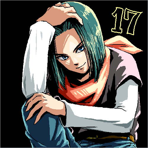 1boy, android_17, belt, black_background, black_hair, black_shirt, blue_eyes, character_name, denim, dragon_ball, dragonball_z, hand_in_hair, hand_on_own_knee, head_tilt, jeans, light_smile, long_sleeves, looking_away, lowres, male_focus, neckerchief, number, orange_neckwear, pants, shaded_face, shirt, simple_background, smile, upper_body, zill_(lisalisa1983)