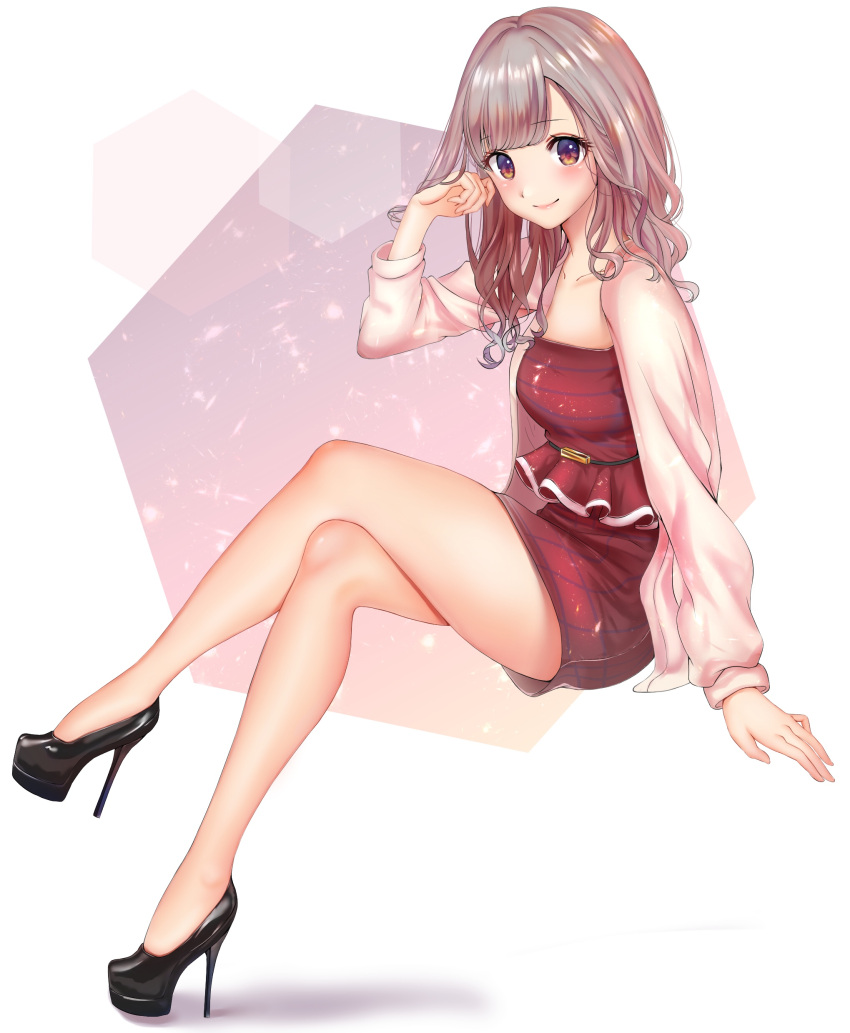 1girl, absurdres, black_footwear, blush, breasts, brown_eyes, brown_hair, dress