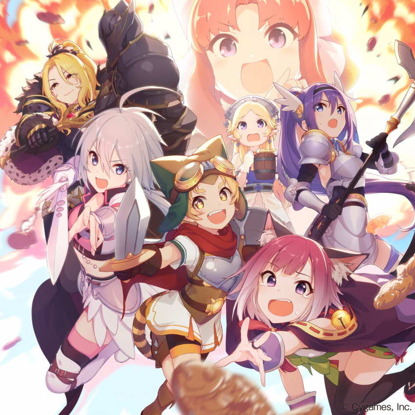 6+girls, ahoge, animal_ears, armor, ayase_yukari, blonde_hair, cat_ears, cat_tail
