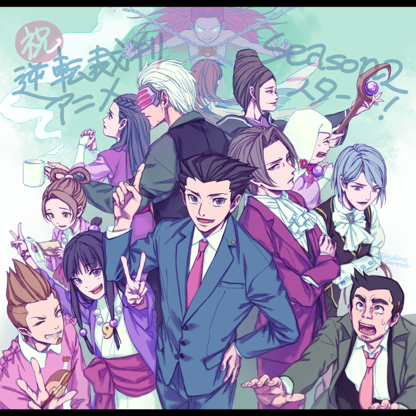 6+girls, :d, :o, arm_belt, ayasato_harumi, ayasato_mayoi, beard, bikini_(gyakuten_saiban), black_hair, black_vest, blue_hair, blue_suit, braid, brown_hair, chains, coffee_mug, cravat, crossed_arms, crown_braid, cup, envelope, facial_hair, formal, godot, green_jacket, grey_hair, gyakuten_saiban, gyakuten_saiban_3, habit, hair_rings, hands_together, highres, holding, holding_staff, index_finger_raised, itonokogiri_keisuke, jacket, karuma_mei, lock, magatama_necklace, mitsurugi_reiji, miyanagi_chinami, miyanagi_yuuki, mug, multiple_girls, naruhodou_ryuuichi, necktie, open_mouth, paintbrush, pink_sweater, red_neckwear, redhead, sideburns, sidelocks, smile, spiky_hair, staff, steam, suit, sweater, tukino_parette, twitter_username, updo, v, vest, visor, white_hair, white_neckwear, yahari_masashi