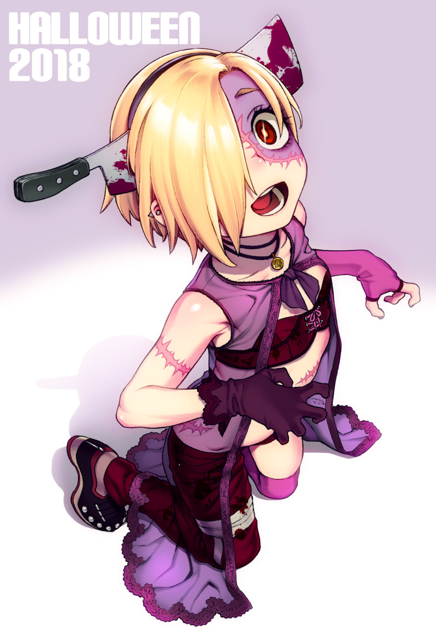 1girl, asymmetrical_gloves, asymmetrical_legwear, bandage, blonde_hair, blood, blood_splatter, bra