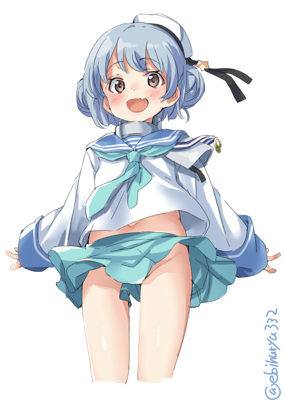1girl, :d, aqua_neckwear, aqua_skirt, black_ribbon, blue_hair, blue_sailor_collar, blush