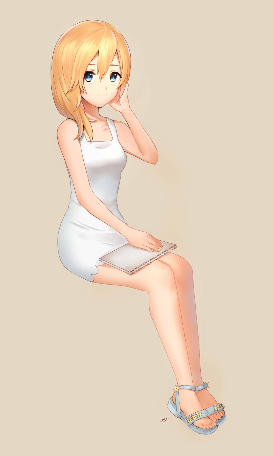 1girl, bangs, bare_arms, bare_shoulders, blonde_hair, blue_eyes, blue_footwear, closed_mouth, collarbone, dress, full_body, hair_between_eyes, hair_over_shoulder, hand_up, highres, kingdom_hearts, mizu_ramen, namine, sandals, sitting, sketchbook, smile, solo, white_dress
