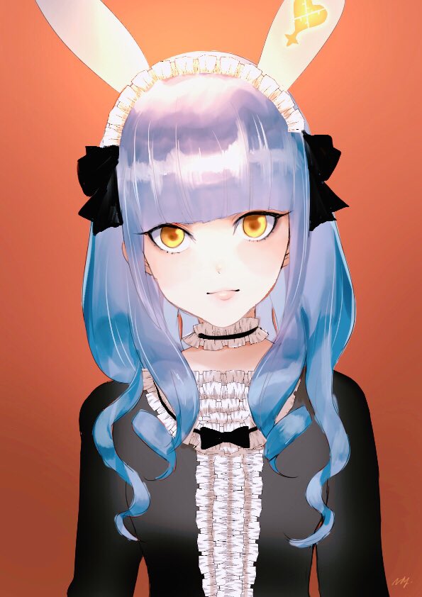 1girl, animal_ears, bangs, black_bow, blue_hair, blunt_bangs, bow, closed_mouth