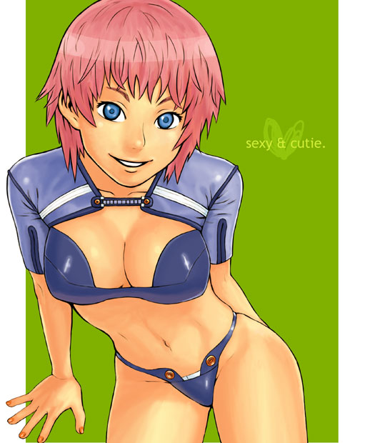 blue_eyes, breasts, cleavage, itou_eito, pink_hair, short_hair, smile, swimsuit