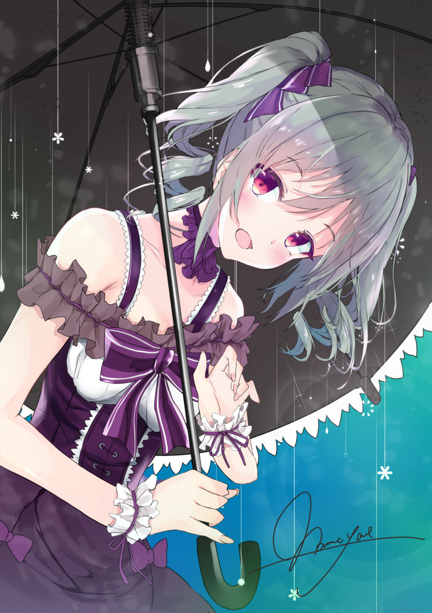 1girl, :d, blush_stickers, dress, drill_hair, eyebrows_visible_through_hair, frills, grey_hair, hair_ribbon, highres, idolmaster, idolmaster_cinderella_girls, idolmaster_cinderella_girls_starlight_stage, kanzaki_ranko, open_mouth, rain, ribbon, seana, signature, smile, umbrella