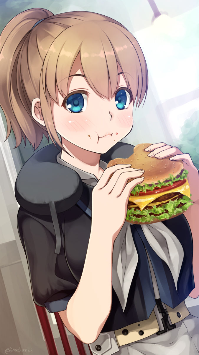 1girl, :t, bangs, belt, black_shirt, blue_eyes, blush, breasts