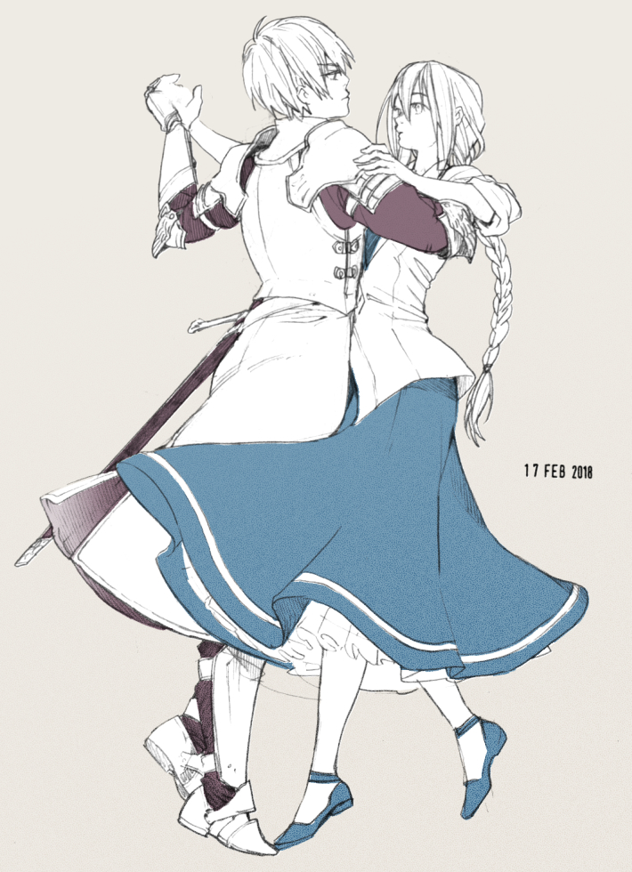 1boy, 1girl, armor, boots, braid, character_request, commentary_request, dress